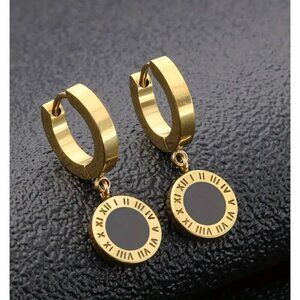 14k Gold Plated Roman Numeral Coin Circle Drop Earrings Black Enamel